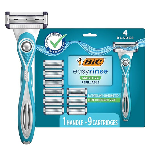 BIC EasyRinse Sensitive Anti-Clogging, Refillable Men's Razors With 4 Blades, 1 Handle and 9 Refill Razor Cartridges Razor Kit