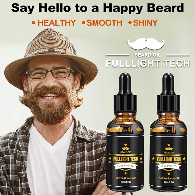 FULLLIGHT TECH 2 Pack Beard Oil for Men Growth 100% Natural Argan Oil,Jojoba Oil Leave in Conditioner Softener for Mustache Grooming Moisturizing