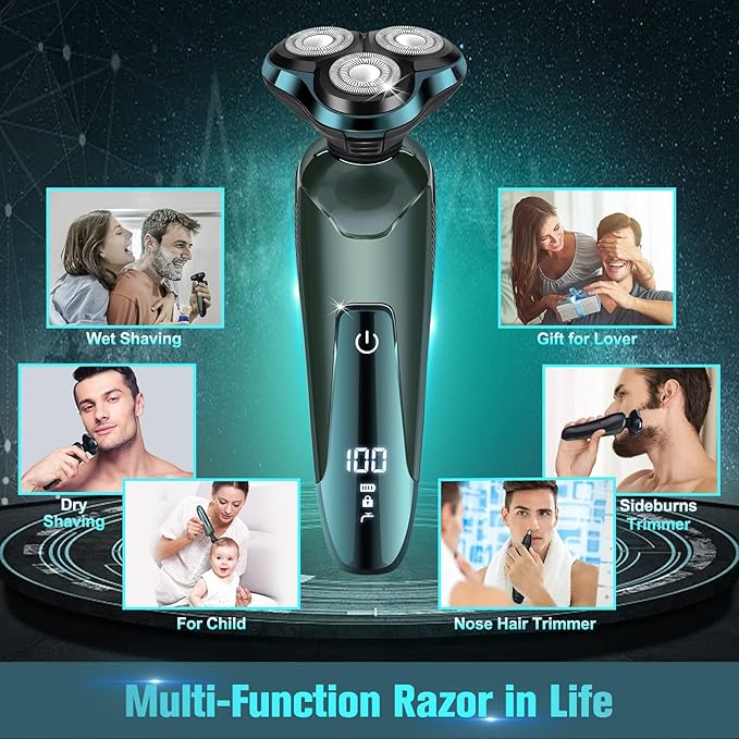 Electric Razor for Men, Cordless Rechargeable 3D Rotary Shaver with LED Display, Wet/Dry Waterproof Men’s Shaving Kit with Pop-Up Trimmer, Ideal Razor Gift for Husband, Dad, Boyfriend