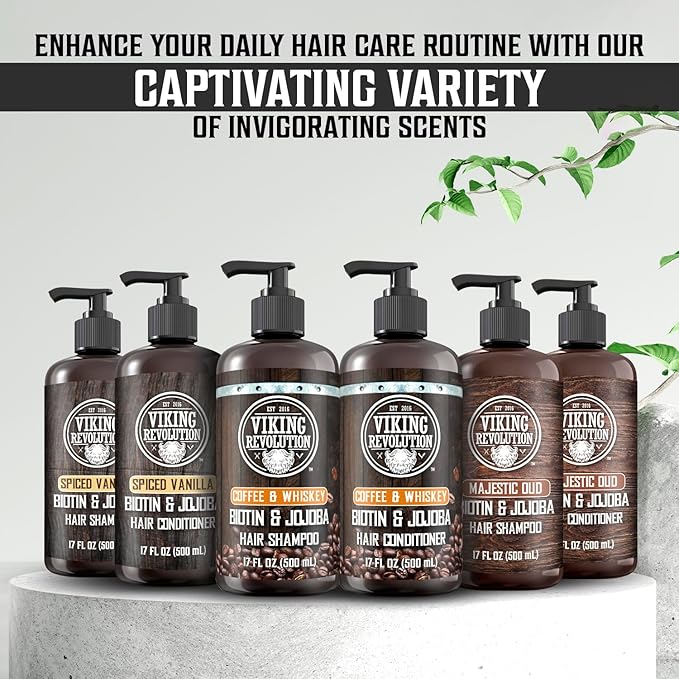 Viking Revolution Coffee Whiskey Mens Shampoo and Conditioner Set with Biotin and Jojoba Oil - Natural Hair Shampoo and Hair Conditioner for Men with Vitamin B5- Shampoo and Conditioner Set Men (17Oz)