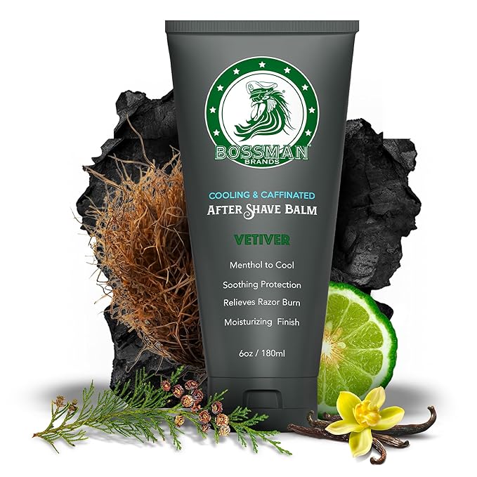 Bossman Cooling & Caffeinated After Shave Balm for Men – Soothes & Protects with Menthol, Caffeine & Tea Tree – Vetiver X Scent
