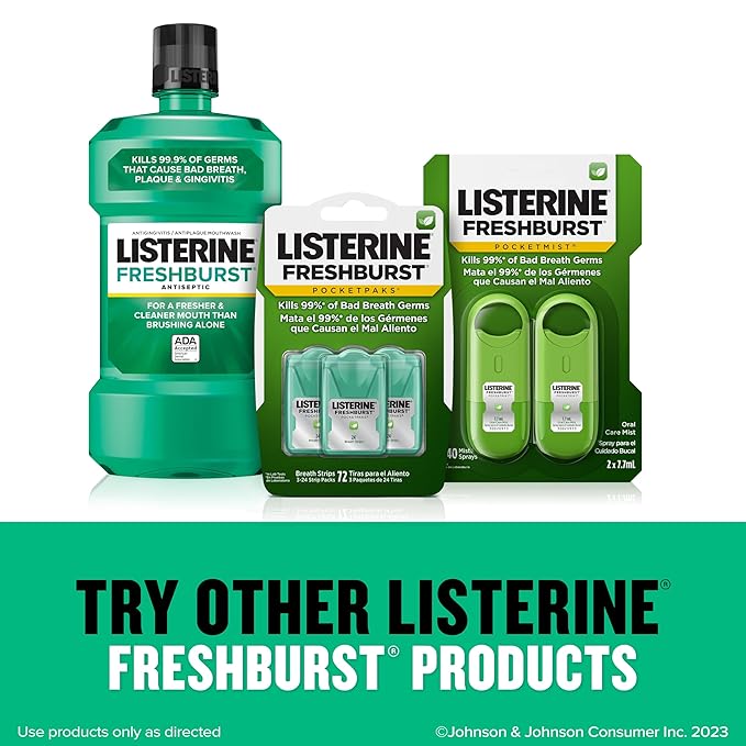 Listerine Freshburst Pocketpaks Portable Breath Strips, Dissolving Breath Freshener Strips Kill 99% of Germs That Cause Bad Breath, Portable for On-The-Go, Minty Flavor, 3 x 24-Strips
