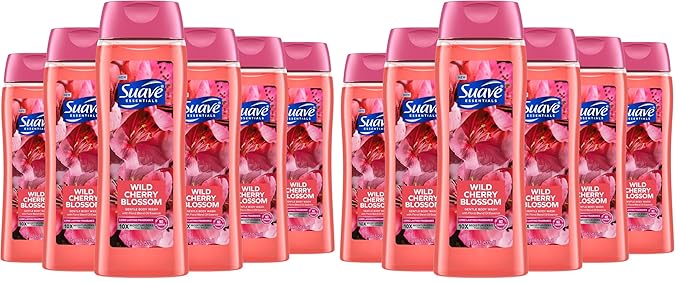 Suave Moisturizing Body Wash, with Wild Cherry Blossom and Vitamin E Extract, No Parabens, No Phtahaltes, 18 Oz Pack of 12