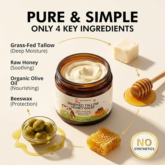Beef Tallow & Honey Balm, All-Natural Moisturizer with Raw Honey & Olive Oil, Grass-Fed Tallow Cream for Face & Body, Deeply Nourishing Skin Care for Women & Men, Rich Moisture