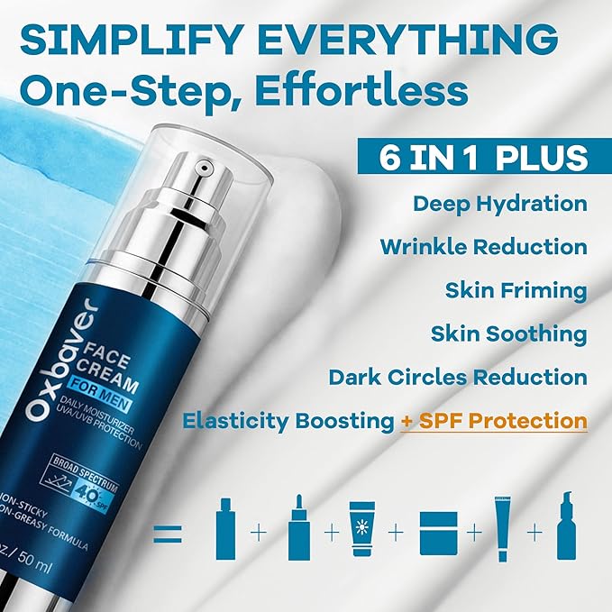 6-in-1 Face Cream for Men: Anti Aging Mens Face Moisturizer with SPF 40, Invisible & Non-Greasy Formula for Deep Hydration & Sun Protection