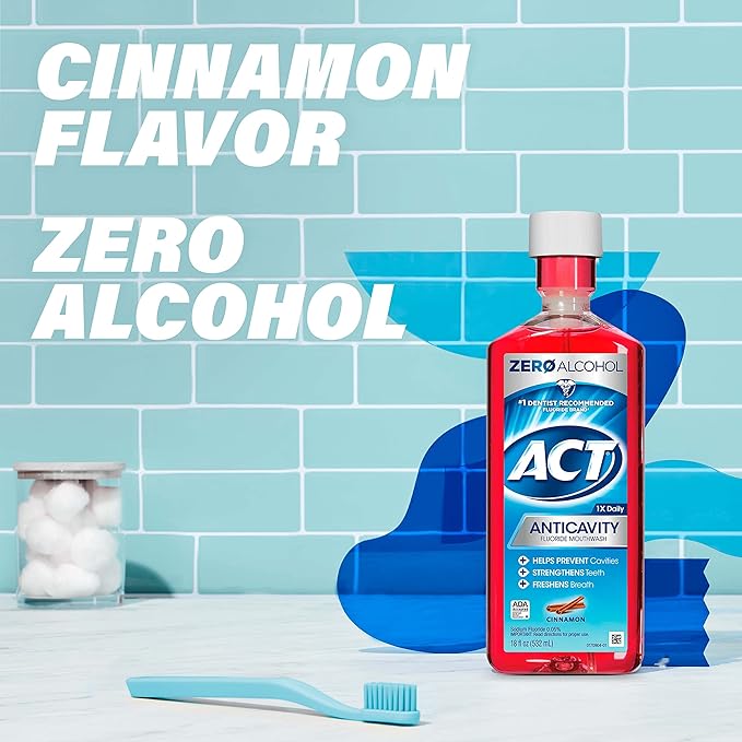 ACT Anticavity Fluoride Mouthwash, Cinnamon | Zero Alcohol | 18 fl. oz. | Pack of 2 | Accurate Dosing Cup