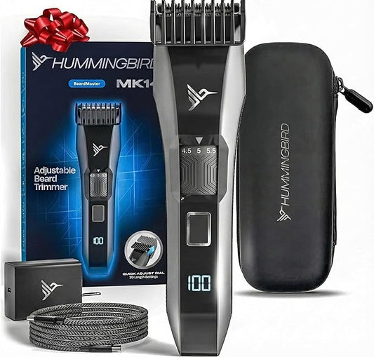 HUMMINGBIRD MK14 BeardMaster – Premium Beard Trimmer for Men, Precision Dial, Adjustable 20 Length Settings, Stainless Steel T-Blade, Cordless USB-C Rechargeable, Waterproof, LED Display, Travel Case