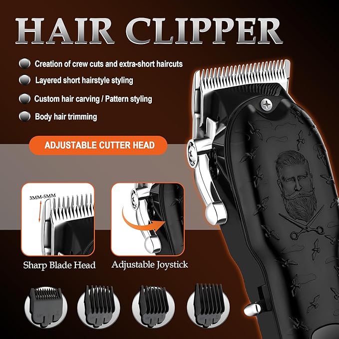 Vintage Black Professional Hair Clippers for Men, Cordless T-Blade Beard & Mustache Trimmer Kit, LED Display, Rechargeable Electric Hair Cutting Machine for Home & Barber, Best Gift for Holidays