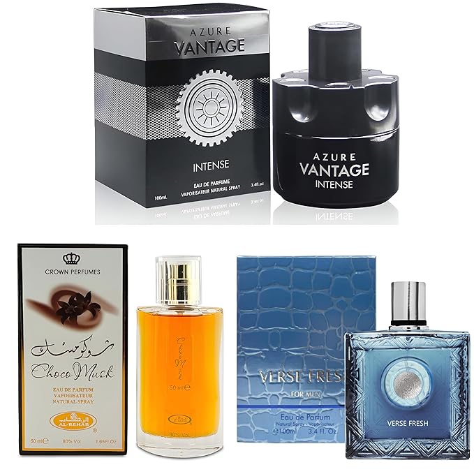 3Pack Men Colognes Choco Musk&Verse Fresh&Azure Vantage Intenses Eau De Parfume Spray with Woody Floral & Fruity Scent Perfume Gift Set Day to Night Luxury Fragrances