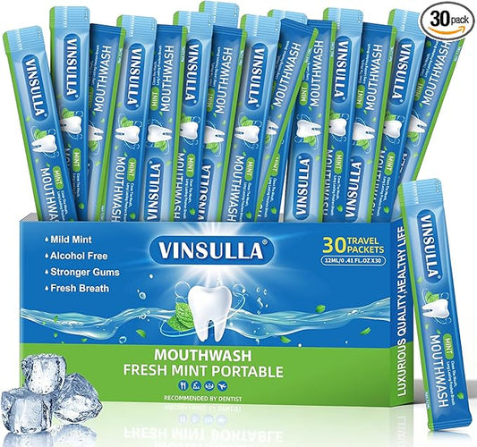 VINSULLA Travel Size Mouthwash - Portable Packets,Alcohol & Fluoride Free,Fresh Cool Mint Flavor,Disposable Oral Care Strips for On-The-Go Hygiene (0.41 Fl Oz (Pack of 30), Mint)