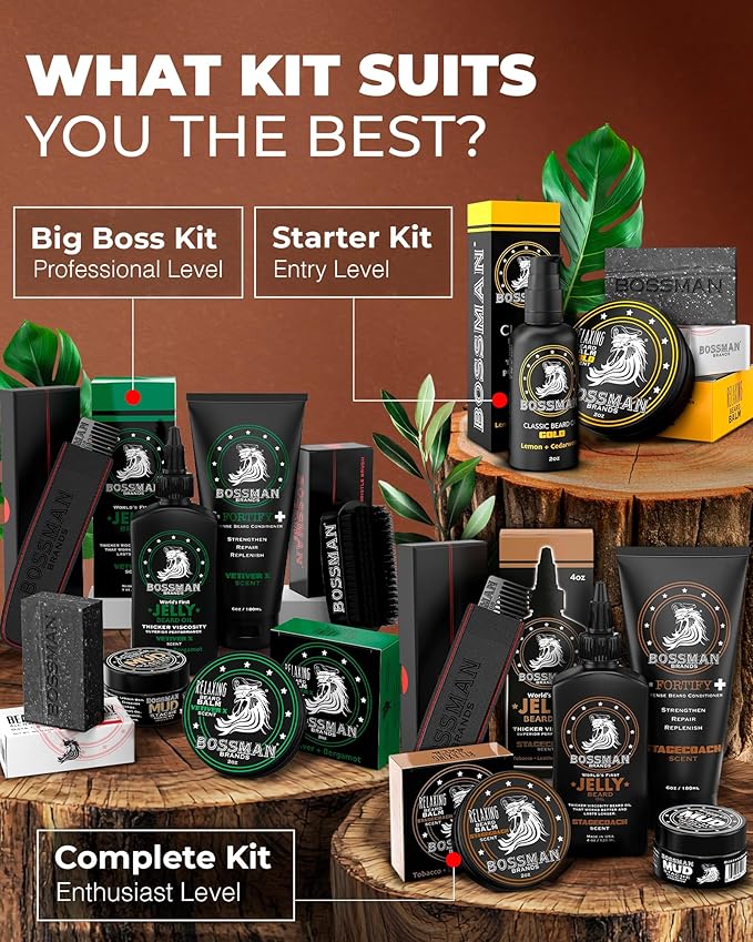 Bossman Complete Beard Kit – Men's Beard Oil Jelly, Fortifying Shower Conditioner, Balm, Mustache Wax & Comb – Beard Softener & Grooming Care (Gold Scent)