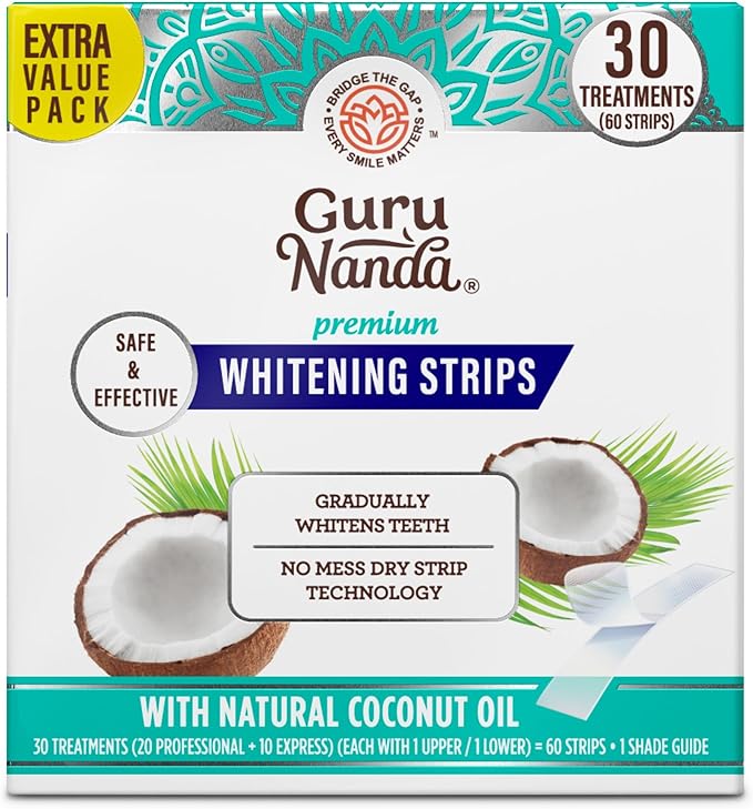 GuruNanda Teeth Whitening Strips - 30-Day Treatment with Non-Slip, Dry Strip Technology - Whitening Designed with Care for a Brighter Smile