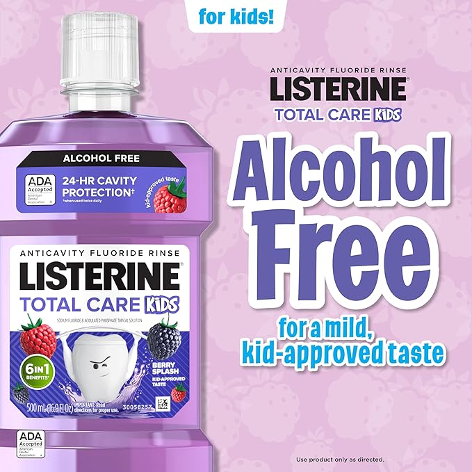 Listerine Total Care Kids Mouthwash, ADA Accepted, Alcohol-Free Anticavity Fluoride Mouthwash, Children's Mouthwash for Cavity Protection and Fresh Breath, Berry Flavor, 500 mL