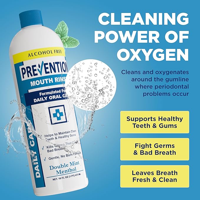 Prevention Daily Care Alcohol-Free Mouthwash, Hydrogen Peroxide Teeth Whitening with Soothing Double Mint for Bad Breath Treatment, Fluoride-Free Gum Care Oral Mouth Rinse 16 oz 1 Pack