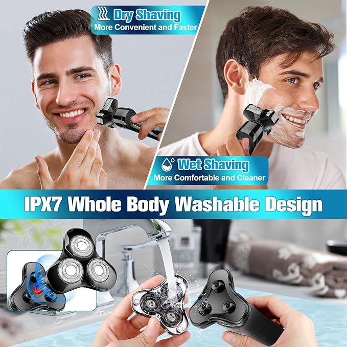 Men's Electric Razor, Upgraded 4D Floating Magnetic Blade Head Rotary Shaver, 3-in-1 Multifunctional for Beard/Nose/Sideburns, IPX7 Waterproof Rechargeable Cordless Shaver, Turbo Speed, Gift for Men