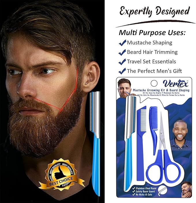 Mustache Scissors Grooming Kit Comb - Movember Travel Razor Mens Beard Trimmer Straight Edge Stainless Steel Shaping Tool For Men After Black Color Dye Goatee Shaper Clippers Balm Combs Wash Brush