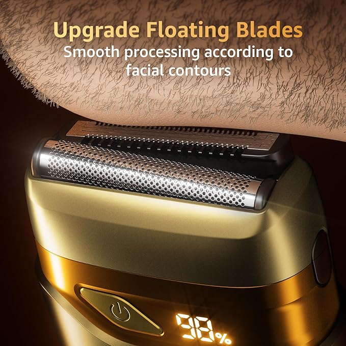 Electric Foil Shavers for Men, Mini Electric Razor, Compact Face Shaver, IPX7 Waterproof Wet Dry Cordless Razor, LED Display, USB-C, Travel-Friendly, Light Gold