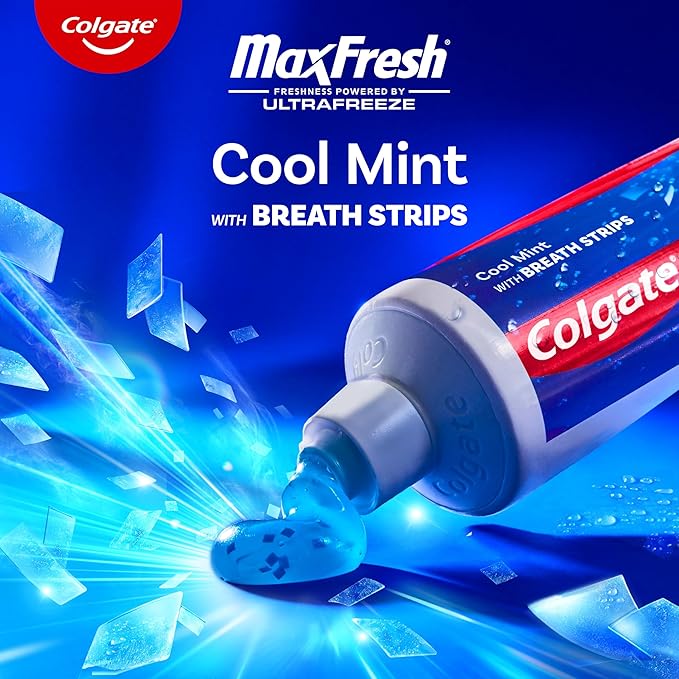 Colgate MaxFresh Cool Mint Toothpaste Pack, Fresh Breath Toothpaste with Fluoride and Hundreds of Mini Breath Strips, Leaves Mouth Feeling Refreshed for Hours, 4 Pack, 6.3 oz