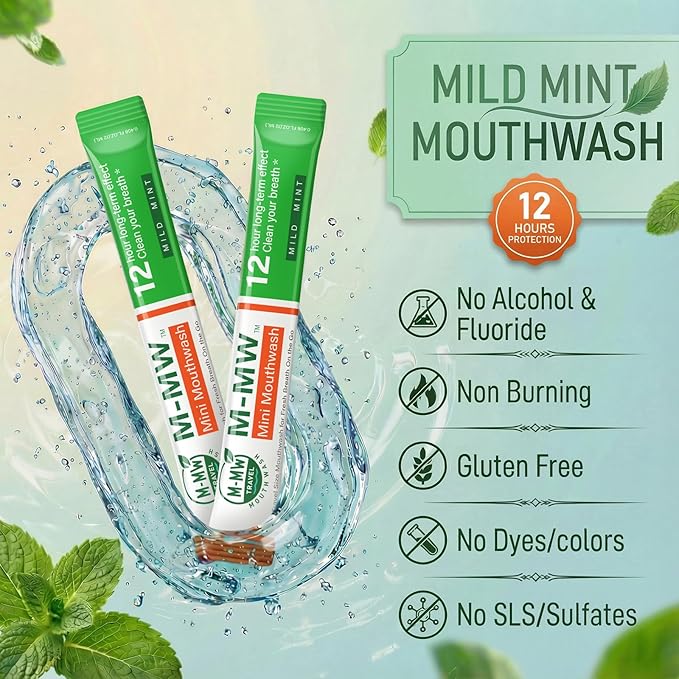M-MW Travel Size Mouthwash Individual Packets, Alcohol Free Oral Rinse, Bad Breath Treatment for Adults, Mild Mint Flavor, Travel Essentials Toiletries (60 Count)