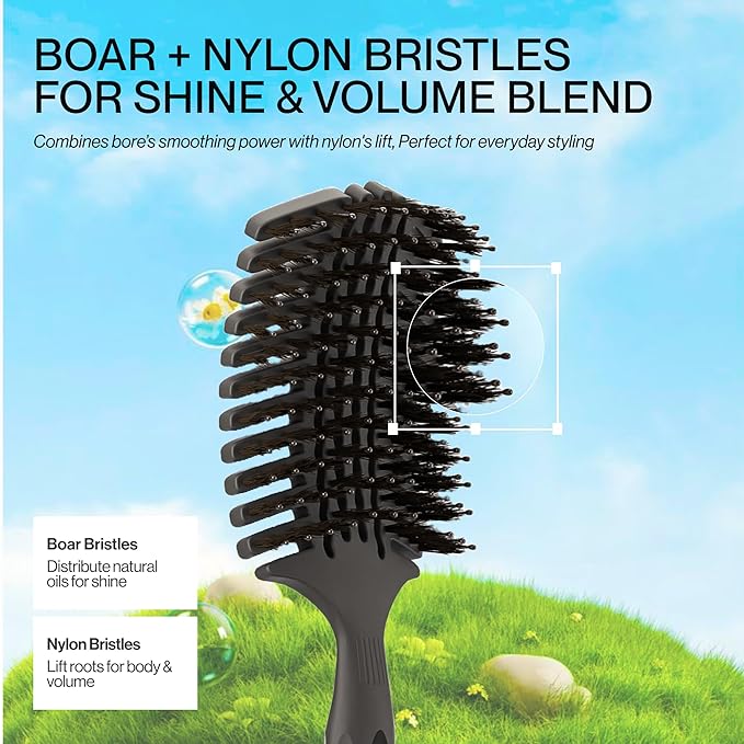 COCCO Aura Vent Boar Brush | Vented Dual-Curved Design for Faster Drying, Effortless Detangling & Shine, Boar + Nylon Bristles, Ergonomic Comfort Handle for Wet & Dry Hair Styling - Black