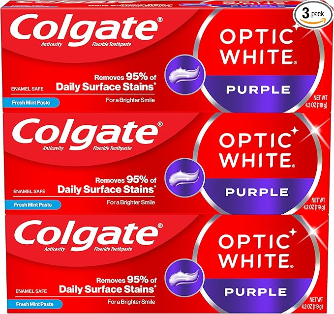 Colgate Optic White Purple Toothpaste for Teeth Whitening, Teeth Whitening Toothpaste with Fluoride, Helps Remove Surface Stains, Enamel-Safe for Daily Use, Mint, 3 Pack, 4.2 oz