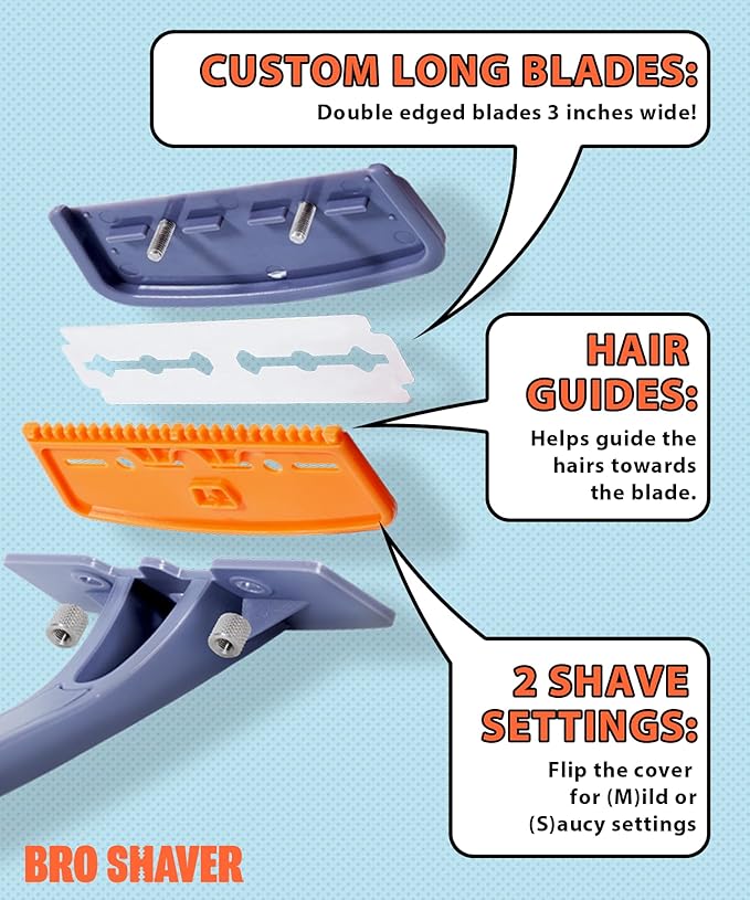 BRO SHAVER 3.0 +6 Blades, Back Shaver for Men (DIY) Back & Body Hair Trimmer. Shave Wet or Dry. Uses Double Edge Razor Blades. Ergonomic Handle, Includes Blades