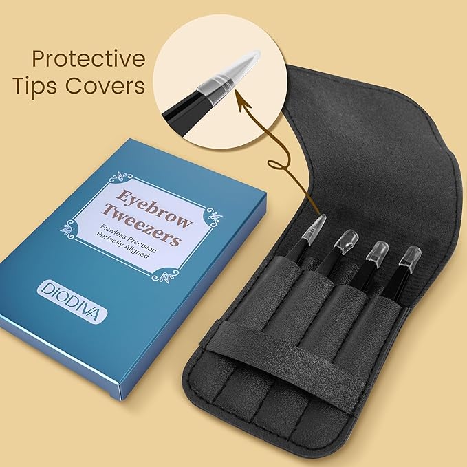 4-Pack Tweezers for Eyebrows Facial Hair, Ingrown Hair Removal, Tweezer Set with Case for Women and Men, Professional Stainless Steel Precision pinza de cejas Stocking Stuffers Christmas Gifts -Black