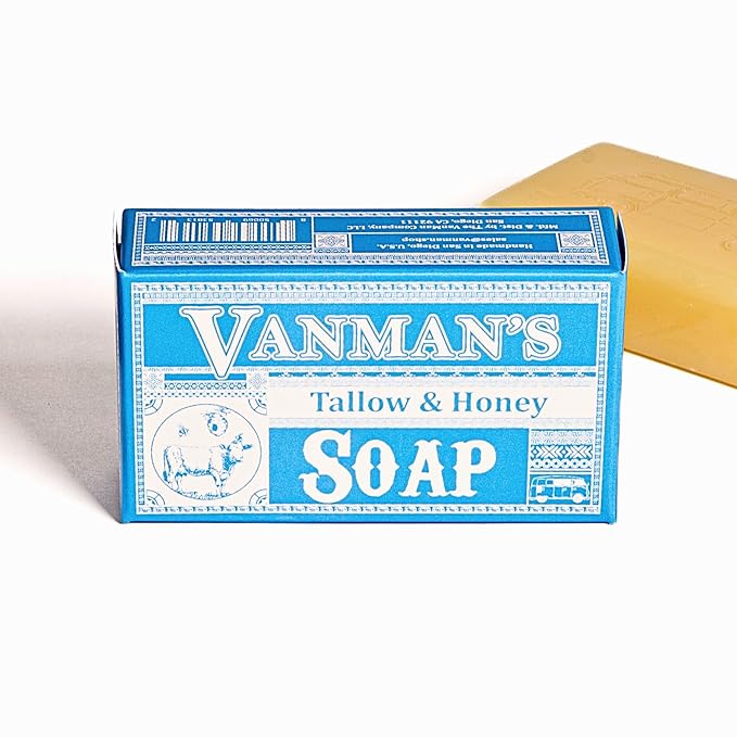 VanMan Beef Tallow and Honey Bar Soap – Pure Grass-Fed Beef Tallow for Skin with Raw Honey & Distilled Water, Unscented Soap, Hydrating & Nourishing, Clean Ingredients, 3.8oz - 2 Pack