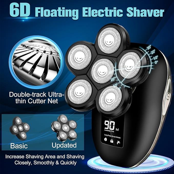 Electric Shaver for Men, 6 in 1 Electric Razor for Men, IPX7 Wet/Dry Waterproof Men's Shavers Rotary Head with Shavers Kit LED Display, Gifts for Husband, Dad,Boyfriend (Silver)