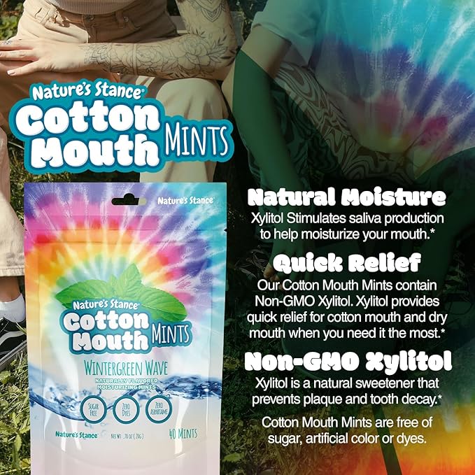 Nature’s Stance Cotton Mouth Xylitol Mints for Dry Mouth Relief - Sugar Free Mints, Stimulate Saliva & Freshen Breath, Throat, Teeth, Gums - Xylitol Lozenges, 40 Count (Wintergreen Wave)
