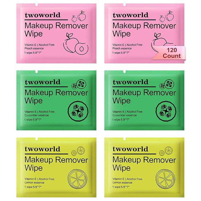 Makeup Remover Wipes Bulk Individually Wrapped,Travel Makeup Wipes Gentle for Face Cleansing Mascara Lipstick Travel Hotel（honey peach,lemon and cucumber,pack of 120)
