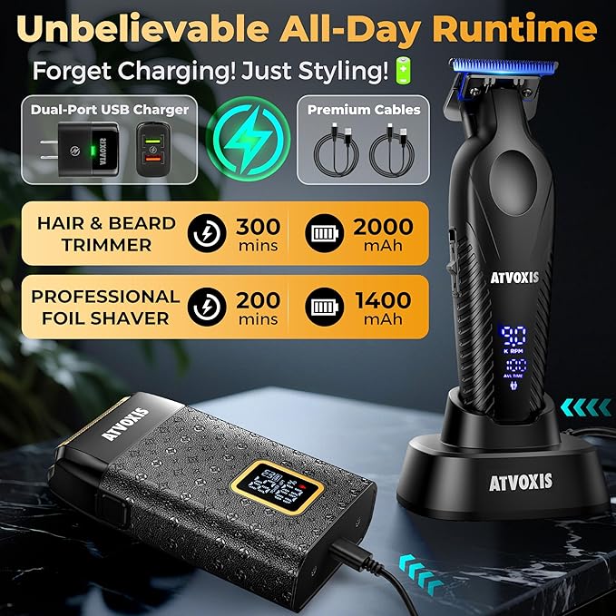 9000 RPM Razor-Sharp Zero Gap T Blade Hair/Beard Trimmer for Men 3-Speed Leather-Wrapped Close Shave Foil Shaver Cordless Travel Pouch USB-C Rechargeable Fast Charging Base Charger Included
