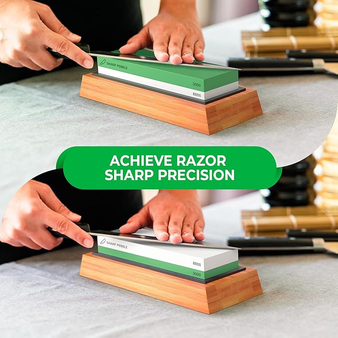 Sharp Pebble Premium Whetstone Knife Sharpening Stone 2 Side Grit 3000/8000 Wetstone Kit -Wetstone Kitchen Knife Sharpener with Non-Slip Bamboo Base & Flattening Stone
