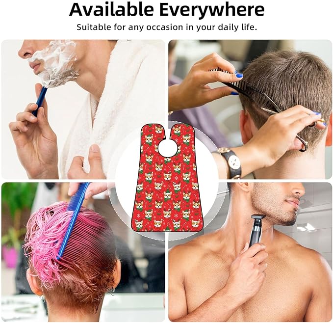 Adjustable Beard Bib, Non-Stick Hair Catcher Cape for Men's Shaving, Waterproof with 2 Suction Cups, Corgi Dogs Christmas Red Shave Bib