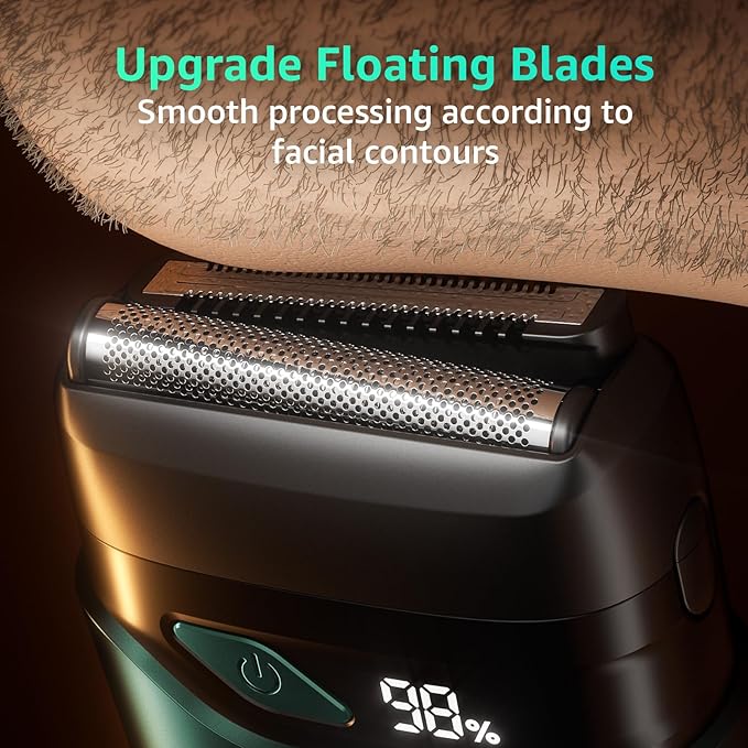 Electric Foil Shavers for Men, Mini Electric Razor, Compact Face Shaver, IPX7 Waterproof Wet Dry Cordless Razor, LED Display, USB-C Fast Rechargeable, Emerald Green