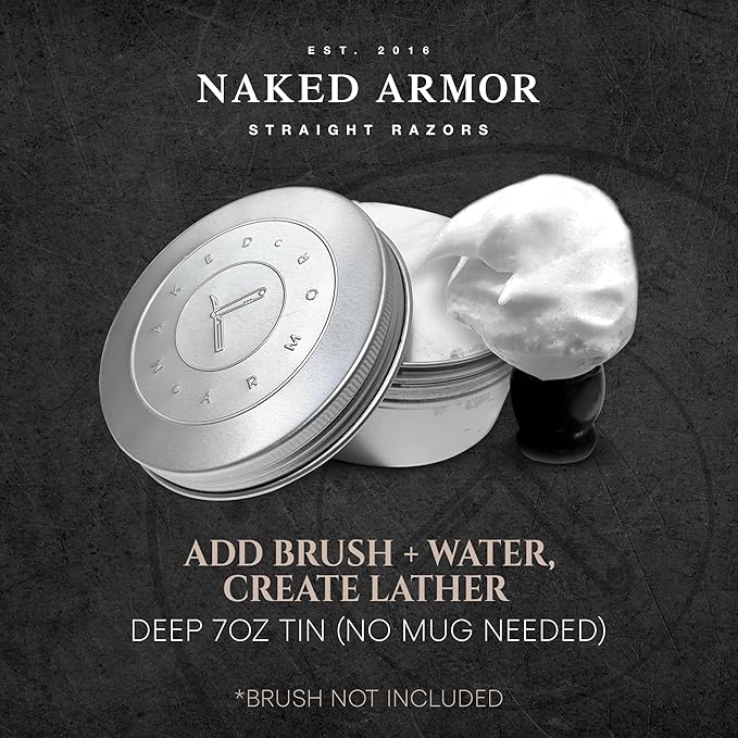 Naked Armor Organic Shave Soap for Men - Large 7oz Shaving Soap Tin for Sensitive Skin & Wet Shaving - Handmade with Shea Butter & Essential Oils - Rich Creamy Lather (Tobacco)