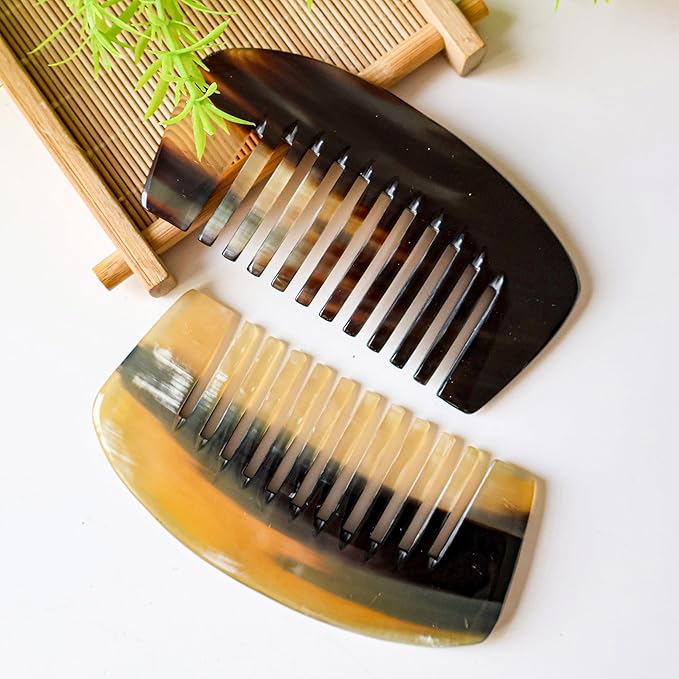 Natural Buffalo Horn Wide Tooth Comb, Ox Horn Anti Static, Buffalo Horn Wide Bone, Pocket and Travel Comb Size for Thick Curly Wavy Hair For Wet and Dry (Wide Comb)