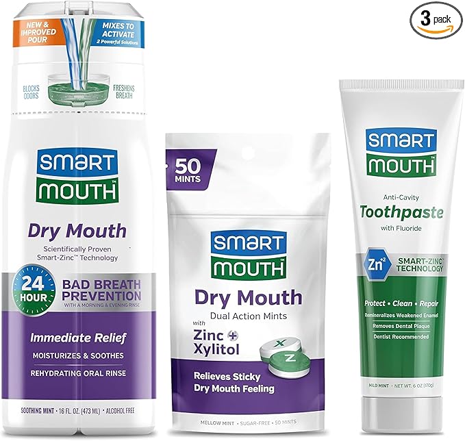 SmartMouth Package with Dry Mouth Activated Mouthwash - 16 Fl Oz Dry Mouth Oral Rinse - Dual-Action Mints, 50 Count - Premium Zinc Ion Toothpaste