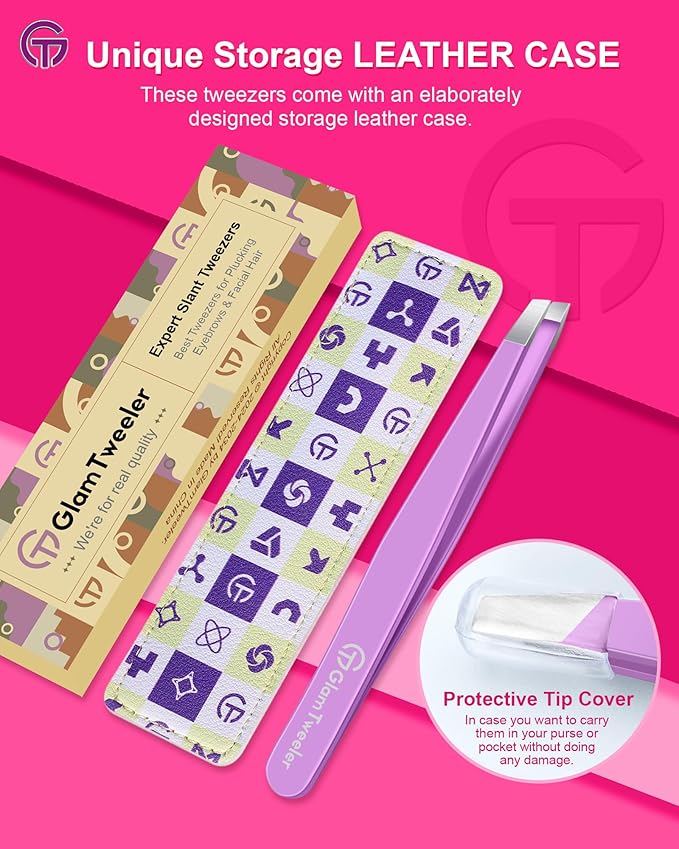 Expert Slant Tip Tweezers with Leather Case, GlamTweeler Sharp & Precision Stainless Steel Tweezer for Eyebrows, Facial Hair and Fine Hairs Removal (Violet)
