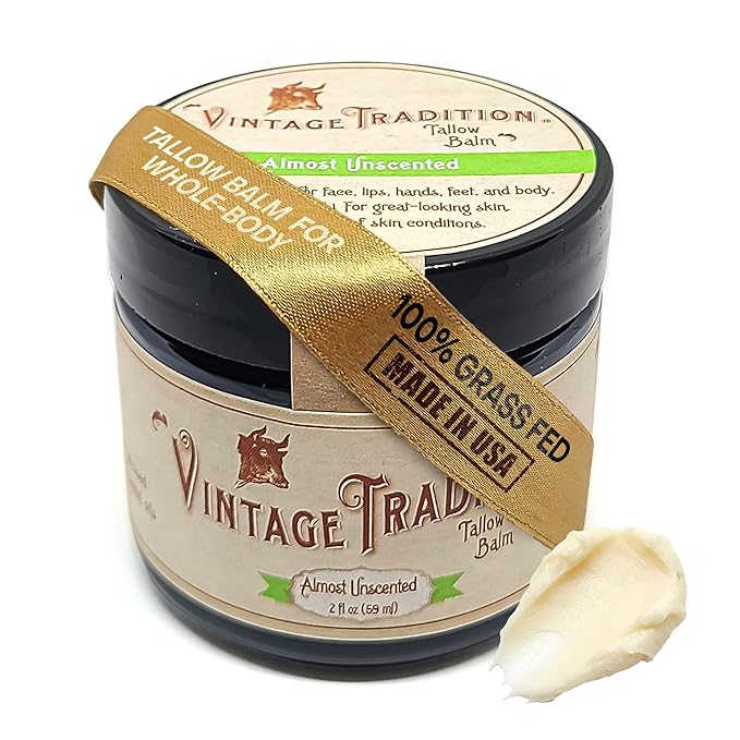 Vintage Tradition Beef Tallow All Purpose Balm - Healing, Hydrating Mild Scent Skin Care Salve Replaces Body Lotion, Hand Cream, More - Essential Oil, Olive Oil, and Grass-Fed Tallow, 2 fl. oz.
