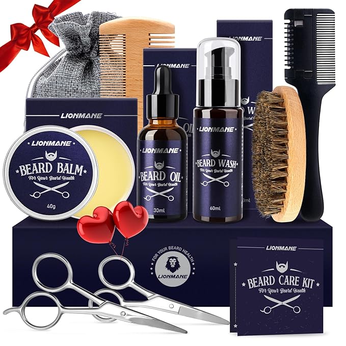 Lionmane Beard Care Gifts Kit for Men, Beard Mustache Grooming Kit-Beard Balm, Beard Wash, Beard Oil, Brush, Scissors, Birthday Anniversary Thanksgiving Gifts for Husband/Boyfriend/Dad/Him
