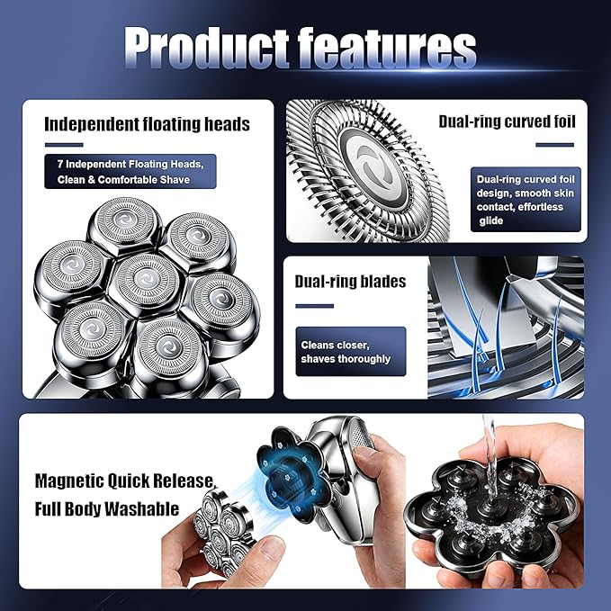7 Head Floating Shaver Replacement Heads for Freebird Head Shaver for Bald Men, Universal Magnetic 7D Head Shavers for SHPAVVER/Wyklaus/Cyruzi Shaver Head