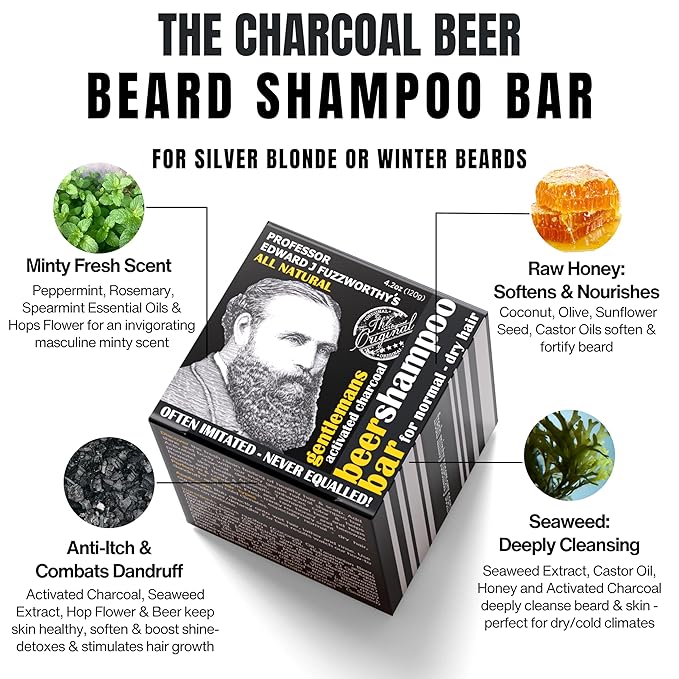Professor Fuzzworthy's Gentlemen's Activated Charcoal & Beer Beard Hair Shampoo Bar for Normal, Dry, Oily Hair, 4.2 Ounce