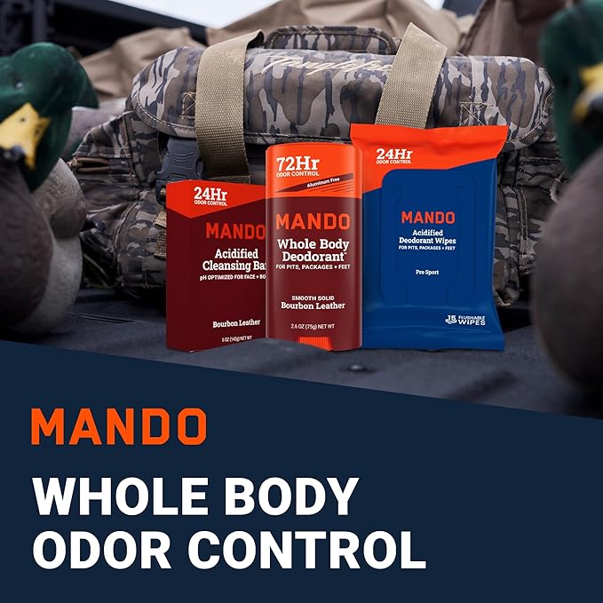 Mando Whole Body Deodorant 3 pc System - 2.6oz Smooth Solid Stick, 5.0oz 4in1 Acidified Cleansing Bar, & 15ct Deodorant Wipes - Aluminum & Baking Soda Free Odor Control - 3 pc Bundle (Bourbon Leather)
