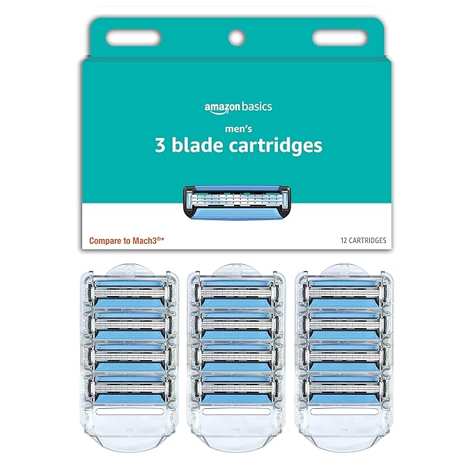 Amazon Basics 3-Blade Razor Refills for Men with Dual Lubrication, 12 Cartridges (Fits Amazon Basics Razor Handles only) (Previously Solimo)