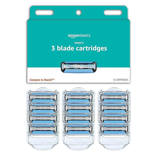 Amazon Basics 3-Blade Razor Refills for Men with Dual Lubrication, 12 Cartridges (Fits Amazon Basics Razor Handles only) (Previously Solimo)