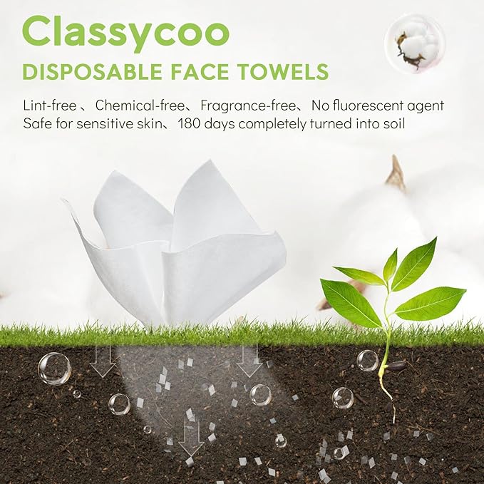 Classycoo XL Disposable Face Towel, 100% Cotton Ultra-Soft for Sensitive-Skin, Odor-Free,Facial Cleansing Wipes Makeup Remover Cloths for Travel, Home Hand Dry Wipe(12 x 10 Inch, 50 Count)