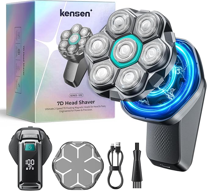7D Head Shavers for Bald Men - kensen Dual Speed Electric Head Hair Shaver, Long Battery Life Electric Razor IPX6 Waterproof Wet/Dry Shaving LED Display Rechargeable Bald Head Shavers for Men