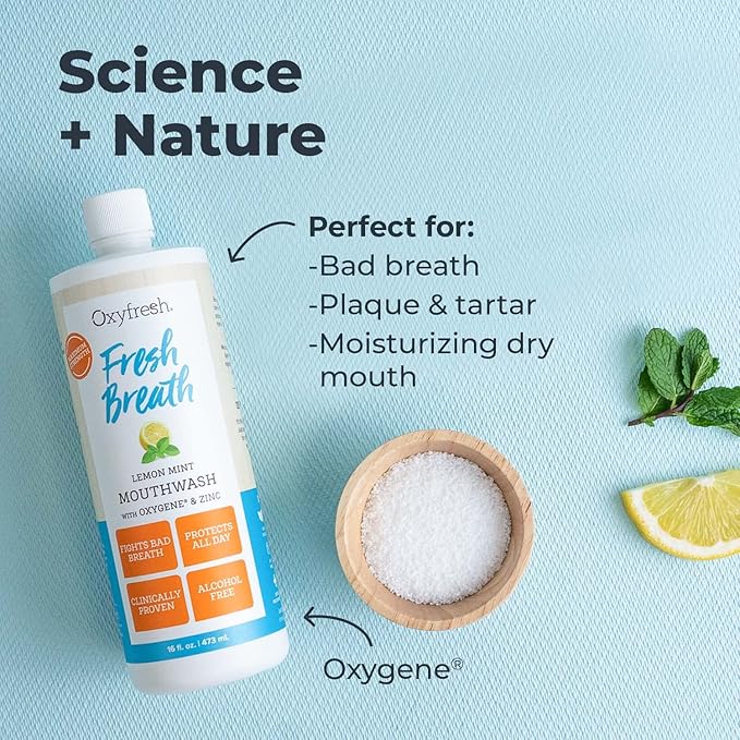 Oxyfresh Lemon Mint Fresh Breath Mouthwash – Bad Breath Treatment – SLS & Fluoride Free – Alcohol Free, Gentle Nonburning with Xylitol & Essential Oils – 16 Fl Oz (Pack of 2)