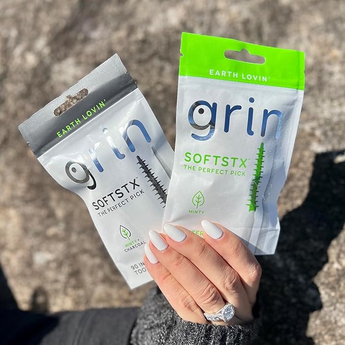 Grin Charcoal Infused Softstx,Gentle Dental Picks,Soft Flexible Bristles,Textured Plaque Removing Toothpick,Minty Flavor,for Between Teeth,Refillable Hygienic Case,90 Count (Pack of 2)